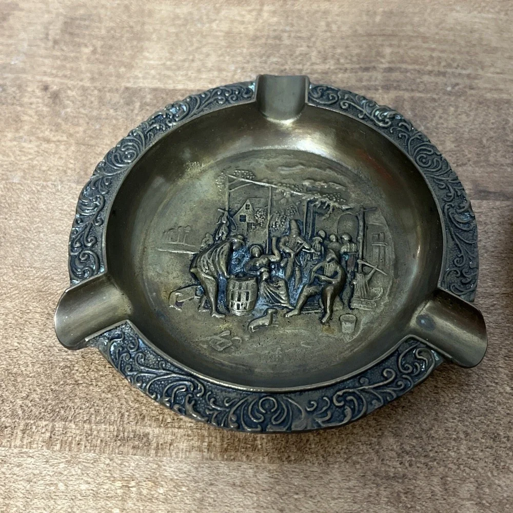 Vintage Lot Of 2 Brass Cigar Ashtray‎ Ornate Grape Wine Celebration Scene